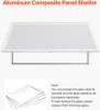 A white aluminum composite panel shelter with a glass front, shown from a slightly elevated front angle. Below the shelter, there is a small inset image showing several stacked glass panes, and a text box with notes. Produktbild-Vorschau
