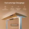 Close-up view of the underside of a height-adjustable desk, showcasing its motors and support structure, with marketing text overlay. Produktbild-Vorschau