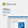 Marketing image for Microsoft Office Home 2024, showing the Microsoft logo and product name, with a preview of a document with blue flowers. Produktbild-Vorschau