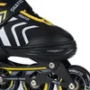 A close-up view of a black and yellow inline skate. Voir les images du produit
