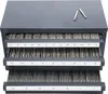 A gray metal organizer cabinet with three drawers filled with drill bits. Two drill bits are placed on top of the cabinet. Anteprima dell’immagine prodotto