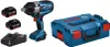 A Bosch impact wrench kit with two batteries, a charger, and a storage case, displayed against a white background. Produktbild-Vorschau