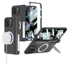 Multiple views of a black phone case with a magnetic charging ring and a kickstand, shown with a screen protector. Anteprima dell’immagine prodotto
