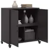 A dark gray metal cabinet with two doors, one open, on wheels. It contains shelves with decorative vases, books, and storage baskets. Anteprima dell’immagine prodotto