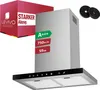 A product shot of a kitchen range hood with marketing labels and accessories. Produktbild-Vorschau