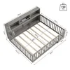 A grey bed frame with a slatted base and a headboard with shelves, shown with dimensions indicated by measurement lines. Produktbild-Vorschau