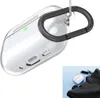 A clear protective case for AirPods Pro 3 with a carabiner clip, shown on a white background. A smaller inset image shows the AirPods case and other accessories in a black bag. Produktbild-Vorschau