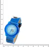 A blue children's watch with a soccer ball design is shown against a white background, with a ruler for scale. Produktbild-Vorschau