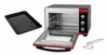 A toaster oven with its door open, a baking tray, and a rotisserie accessory are displayed against a white background. Voir les images du produit