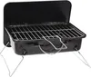 A black portable charcoal grill with its lid open and legs extended, set against a white background. Produktbild-Vorschau