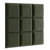 A close-up, angled studio shot of a modular wall paneling system. The panels are square, upholstered, and arranged in a 3x3 grid. They are a muted, dark green color, with subtle indentations creating a quilted effect. Anteprima dell’immagine prodotto
