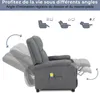 A gray recliner chair is shown in profile, with diagrams illustrating its adjustable backrest and footrest angles. Anteprima dell’immagine prodotto