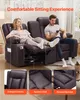 A couple relaxing on a brown leather loveseat sofa with recliner features, in a living room setting. Podgląd zdjęcia produktu