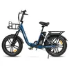A blue electric bicycle with a basket and rack, shown against a white background. Produktbild-Vorschau