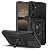 A black phone case with a sliding camera cover and a ring holder is shown from multiple angles. Produktbild-Vorschau