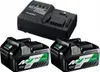 A black battery charger and two black and green batteries are displayed against a white background. Podgląd zdjęcia produktu