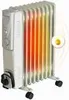 A white electric oil heater with fins that are colored red, orange, and yellow to indicate heat. It has wheels at the bottom and controls on the side. A small circular graphic with a flame is to the right of the heater.
