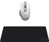 A white gaming mouse and a black mousepad are displayed against a white background. Voir les images du produit