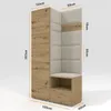 A corner wardrobe unit with a wood-grain finish and padded cream panels, featuring hooks, a bench, and storage drawers. Náhled obrázku produktu
