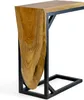 A close-up studio shot of a C-frame side table with a live-edge teak wood top. Voir les images du produit