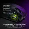 A transparent gaming mouse with internal components highlighted by green lighting, accompanied by German marketing text. Produktbild-Vorschau