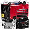 A red and black diesel heater with various accessories laid out around it, including hoses, a remote control, and a control panel. Produktbild-Vorschau