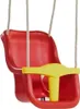 A red and yellow baby swing seat suspended by ropes against a white background. Produktbild-Vorschau