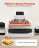 A heat press machine is shown with glowing heating elements, pressing stacked garments. Text overlays describe features and benefits. Náhľad obrázku produktu