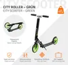 A product image of a green and black city scooter, with accompanying feature callouts and text. Náhľad obrázku produktu