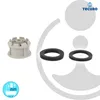 A product shot of a faucet aerator insert and two rubber gaskets, with brand logo and a circular graphic overlay. Produktbild-Vorschau