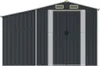 A front view of a dark gray metal shed with double doors and ventilation grilles at the top. Náhľad obrázku produktu