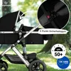 A close-up view of a black Bergsteiger stroller with silver frame, set against a blurred green outdoor background. Produktbild-Vorschau