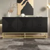 A black sideboard with gold legs is displayed against a gray wall. Voir les images du produit