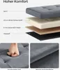A diagram illustrating the layers of a couch or ottoman, along with close-up shots of its texture and a hand pressing into it. Produktbild-Vorschau