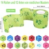 A collage showing rolls of self-adhesive bandages with paw print patterns and various other small hexagonal swatches of different bandage patterns. Produktbild-Vorschau