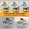 Collage showing a black chandelier with multiple bulbs, demonstrating different light temperatures and on/off states. Produktbild-Vorschau