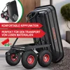 A black garden cart with four wheels is shown outdoors, with a pile of gravel in the foreground. Text overlays highlight features. Produktbild-Vorschau