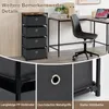 A collage showing a black storage dresser with four fabric drawers, a desk, and a chair in a home office setting, with close-up details of the dresser's construction. Podgląd zdjęcia produktu