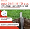 A metal post anchor driven into the ground next to a grassy area, with marketing text and a certification logo. Produktbild-Vorschau