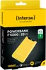 The image shows the retail packaging of a yellow Intenso Powerbank F10000. Voir les images du produit