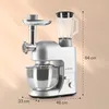 A multi-functional kitchen appliance with various attachments, including a meat grinder and a blender, is shown against a soft, gradient background. Dimensions are indicated with measurement lines and numbers. Produktbild-Vorschau