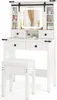 A white vanity table with a stool and a lighted mirror. Voir les images du produit