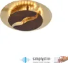 A decorative ceiling lamp with a gold and brown design, shown against a white background. Below the lamp are logos and text related to dimming technology. Produktbild-Vorschau