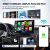 A car's dashboard with a large screen displaying carplay apps, a smartphone, and instructional graphics. Produktbild-Vorschau