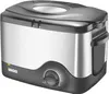 A stainless steel deep fryer with a black base and lid is shown in a studio shot. Produktbild-Vorschau