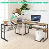 An L-shaped desk with a laptop, monitor, and books, set in a room with wooden flooring and a plant. Produktbild-Vorschau
