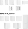 A collage of various white kitchen cabinets, including wall-mounted and base cabinets, with some featuring glass doors. The text 'Serie VCM ,,Colura"' is prominently displayed. Produktbild-Vorschau