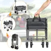 Collage showing a foldable wagon in different states of use and storage, with a person's hand holding the handle of the wagon. Produktbild-Vorschau