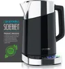 A black and silver electric kettle is shown with marketing text and logos on the left side. Produktbild-Vorschau