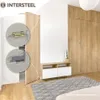A bedroom with a sliding door and built-in wardrobe, featuring close-ups of door hinges. Produktbild-Vorschau